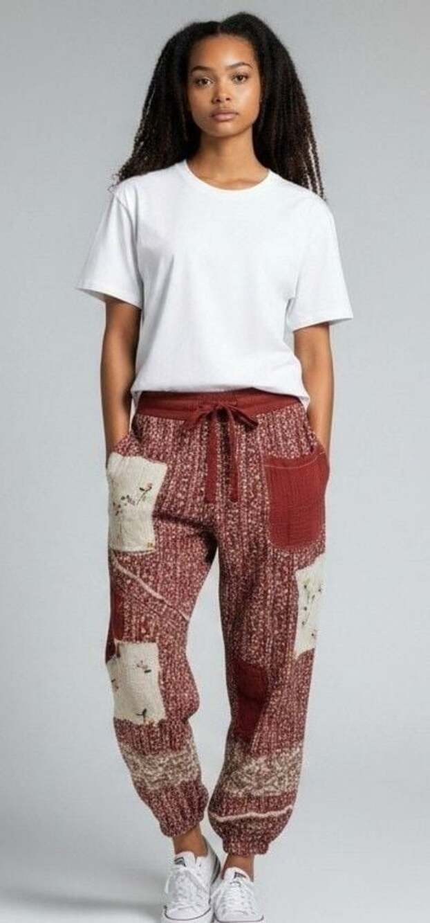 POL Clothing Jeanie Patchwork Floral Jogger Pants Raspberry Rose Small